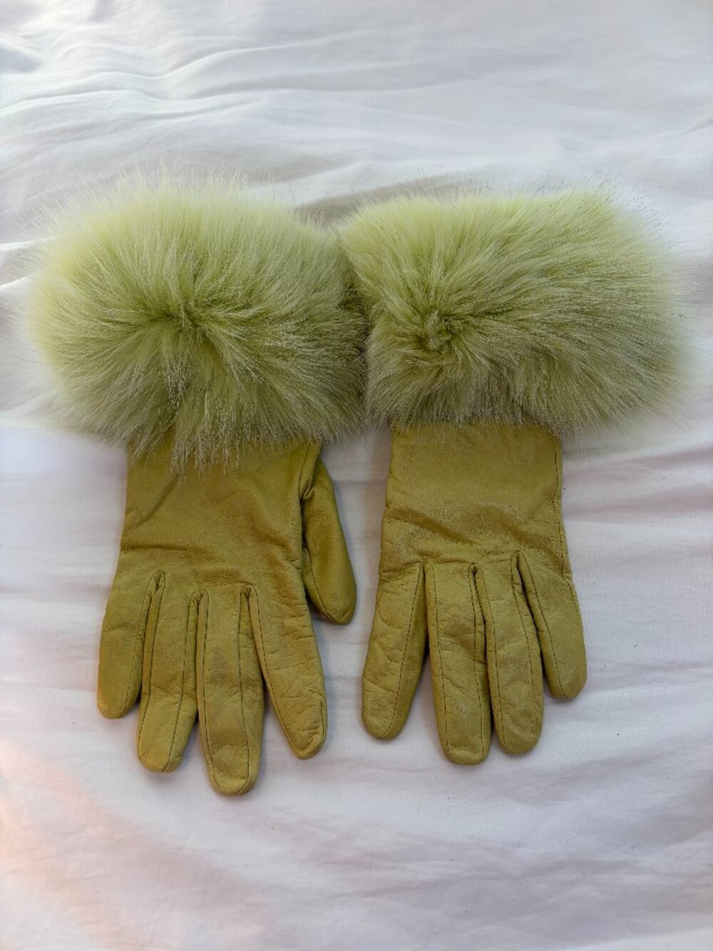Genuine Leather Vintage Lime Green Wool Blend Fur Cuff Winter Gloves